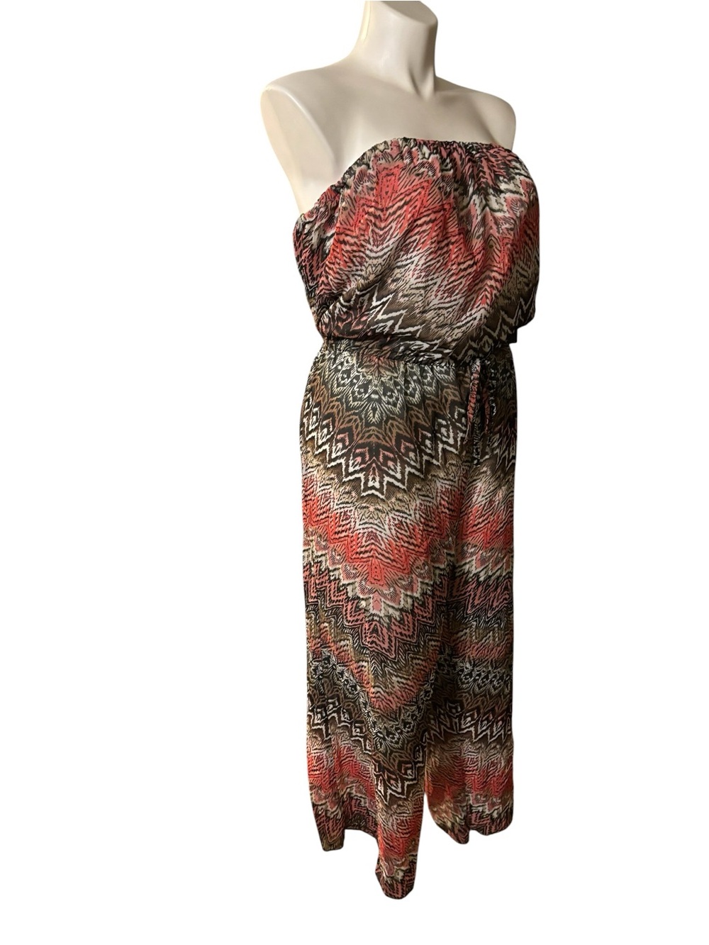 Feathers 3X Strapless Chevron-Print Jumpsuit in Rust Dusty Rose Brown Drawstring - Picture 6 of 8